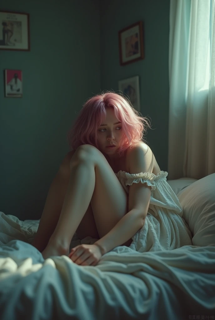 A young, beautiful girl alone in a fetal position, appearing sad, crying, and depressed, lying on a bed in her bedroom. The atmosphere is somber and depressive. She has light pink hair and light pink eyes, wearing a fine, delicate dress. The focus is on he...