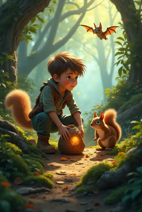 a picture of a  boy , with a squirrel and a bat digging and finding an ancient copper in a forest.


