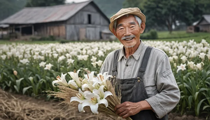 High quality resolution realistic photo of lily flower field, petals are detailed quality, white lily flowers, an old asian gardener standing, holding a hay fork, narrowed eyes,white eyebrows, whiteand greyhair, smiling, wearing local gardener clothing, a ...