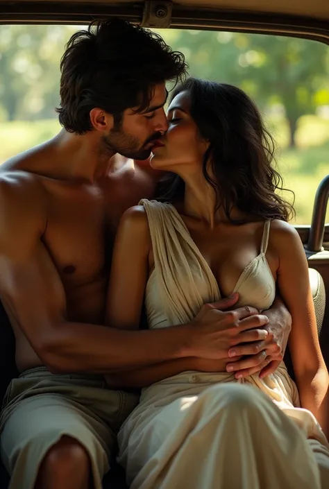 two lovers in a jeep, realistic indian woman and man, romancing at the back seat. the girl is wearing plain simple sari, sari is off her shoulder revealing her plain choli, showing deep cleavage, boy is hugging from behind and groping her breast from behin...