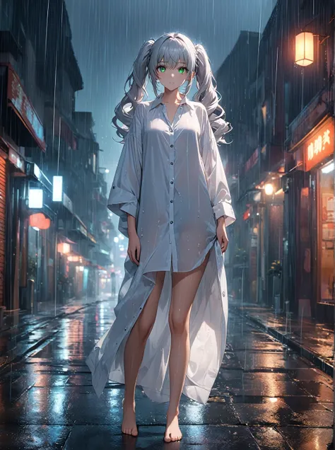 Ultra high resolution, rich colors, perfect image, top quality, detailed image, beautiful woman, glowing skin, skin and clothing texture, delicate eyes, rain, deserted street, long shirt, standing barefoot, silver hair in twin tails, green eyes