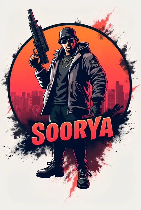 Create logo from free fire 2nd season hiphop bundle person holding a gun and in background create circle and on the circle write soorya