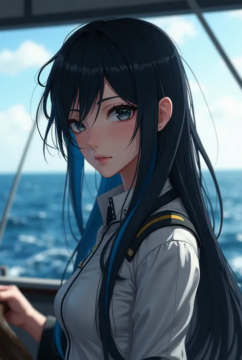 Create an image where you have one black hair and two blue streaks, on a boat, eyes black, Shes at sea, she is a naval engineer. 
without sexualizing