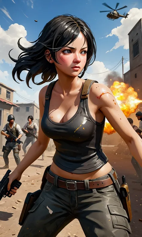 Image of a Pubg Mobile game in action High resolution, 1 , 独奏, longye hair, breastsout, best qualityer, Action Painting, Masterpiece artwork, Expressionismo abstrato, impressionalism, 