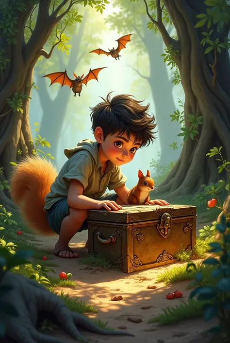 A picture of a boy with a squirrel and a bat finding an ancient chest in the ground and the boy opening the chest.
