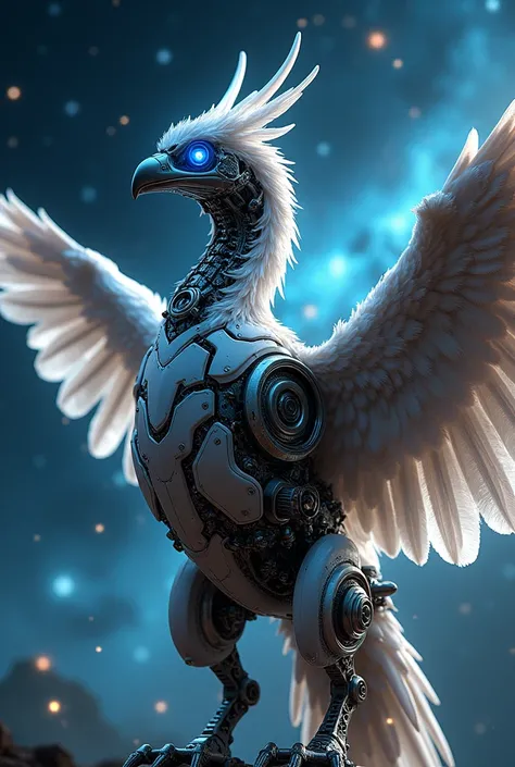 A griffins body is made of precision mechanical parts, its wings are transparent solar panels, its eyes are shining with electronic light, showing a futuristic beauty, with the background of bright stars and distant galaxies. Professional photos, best qual...