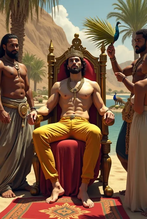 A handsome handsome man without a shirt, golden pants, winged crown, sitting on a king&#39;s chair, thin, white skin, in the desert, a desert palm tree behind a lake and a peacock with two leopards at his side, a rug under his feet, two men look at him, bl...