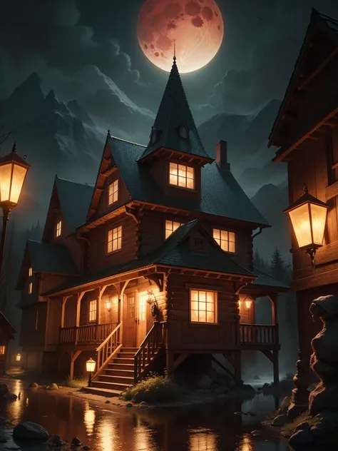 Best quality, masterpiece collection, Mountain cabin, witch enjoying Halloween event, blood moon, cabin on mountain, small water fountain, ultra detailed art, super detailed, 24K Ultra high definition resolution, glowing and shining lit effects, rendered b...