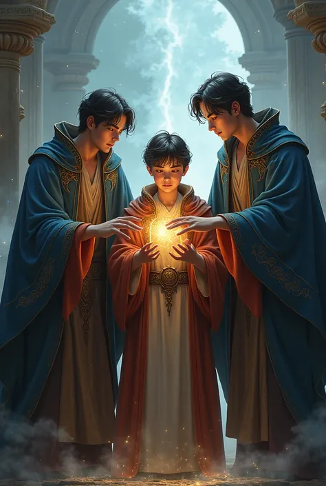 Four young men surround a sweet-faced young man. They are wearing magic robes. One of them holds a magic wand. Magic, magic, fantasy, fantase