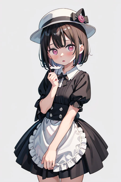 1girl,:o,black_dress,bob_cut,brown_hair,commentary_request,cowboy_shot,dress,hat,highres,looking_at_viewer,osanai_yuki,parted_lips,pink_eyes,puffy_short_sleeves,puffy_sleeves,short_hair,short_sleeves,shoushimin_series,simple_background,solo,teiku_(tokageza...