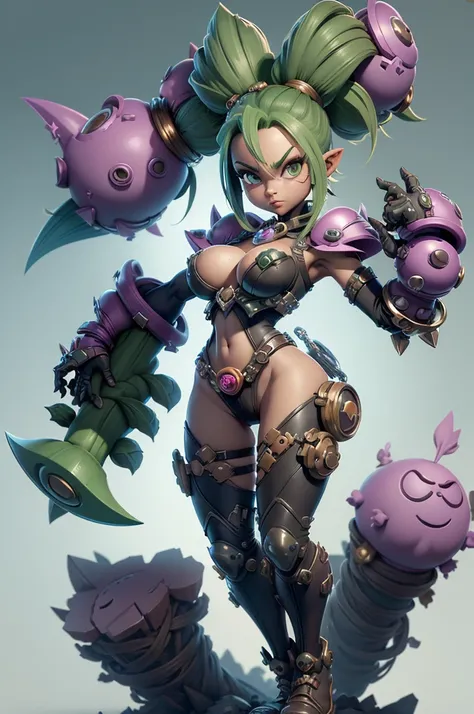 Rayman Legends style tree, character estilo art rayman legends, girl, fully body, STYLE mercenary with futuristic doom style weapons, Giant Accessories,Giant Monster, big breats,Little bunny,big breast, sensuality, elfo, mascot next door,doom style weapons...