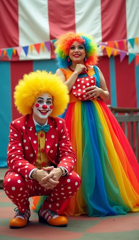 A vibrant and colorful scene featuring two characters dressed as playful clowns in a circus-like environment. One clown, with a big, bright yellow wig, exaggerated makeup, and a red polka-dot outfit, is kneeling down with a cheerful expression. The other c...