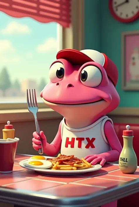 "Create an image of a cartoon-style pink frog character with large eyes, sitting in a retro diner. The frog is wearing a white tank top with the text HTX written on it in bold, visible letters. The frog is also wearing a red and white cap. It is holding a ...