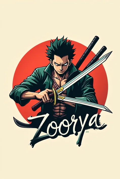 Create logo of Zoro from one piece  in background circle and  and on the circle write SOORYA