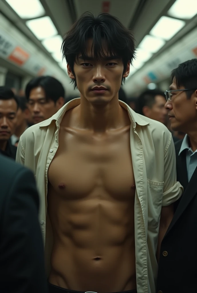 Real photo style、Realistic、Cute handsome man、Idol face、、Japanese、Slim body、Mash Hair、Torn and open shirt、Six-pack、A crowded train、Completely naked、Full nudity、Surrounded by old people and touched all over