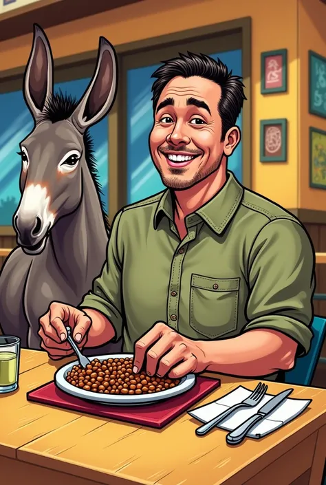 A comic drawing  of a man sitting on a mexican restaurant table with a beans plate in front of  him. Next to the table a very nice donkey.