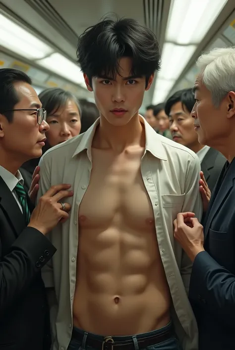 Real photo style、Realistic、Cute handsome man、Idol face、juvenile、、Japanese、Slim body、Mash Hair、Torn and open shirt、Six-pack、A crowded train、Completely naked、Full nudity、Surrounded by old people and touched all over