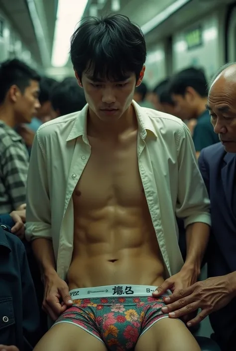 Real photo style、Realistic、Cute handsome man、Idol face、、Japanese、Slim body、Mash Hair、Torn and open shirt、Six-pack、A crowded train、Colorful thin boxer briefs、The old man next door puts his hand inside his briefs、Being touched all over the body、Old man grabs...