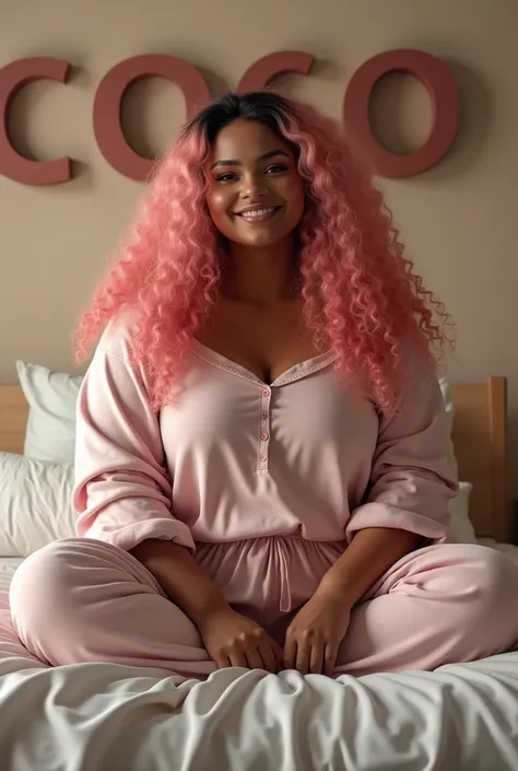 (photorealism:1.2), beautiful brown skin plus size woman, sitting on bed, wearing loose off-shoulder top, pajama pants, long pink curly hair, indoors, with the words COCO on the wall