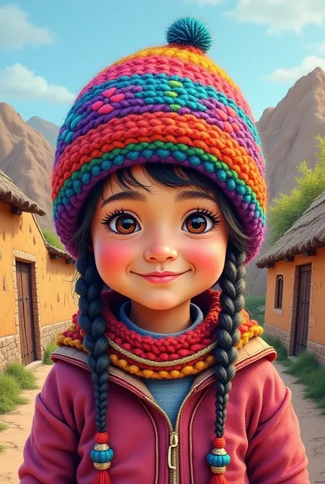 COLORED DRAWING OF A CHILD FROM AN AYMARA VILLAGE WITH HIS COLORFUL WOOL CAP
