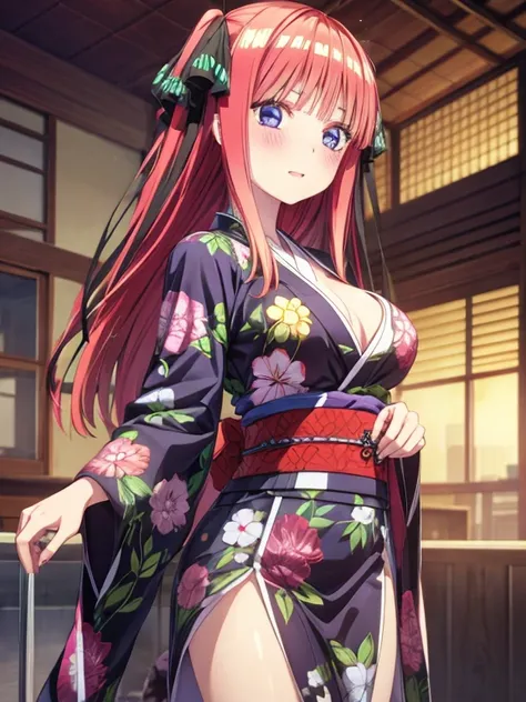 best quality, insanely detailed, nino nakano, breasts, blush, looking at viewer, cheerful eyes, arousal, kimono, highleg kimono, athletic kimono, tight kimono, pussy, roof top background