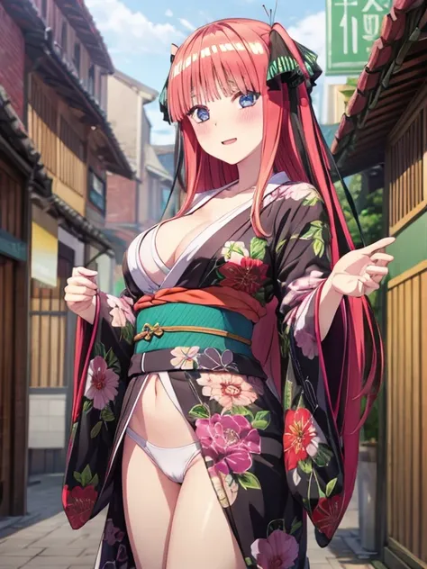 best quality, insanely detailed, nino nakano, breasts, blush, looking at viewer, cheerful eyes, arousal, kimono, highleg kimono, athletic kimono, tight kimono, pussy, roof top background