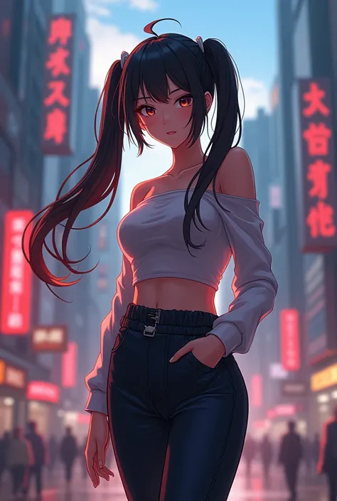 work of art, best qualityer, HuTaoV4, 1 girl, standing alone, blush, twin-tail, long hair, hair between the eyes, ((urban fashion)), citys, open air, natta, movie poster, very highly detailed 8k, Soft, high resolution, super quality, film lighting, ambient...