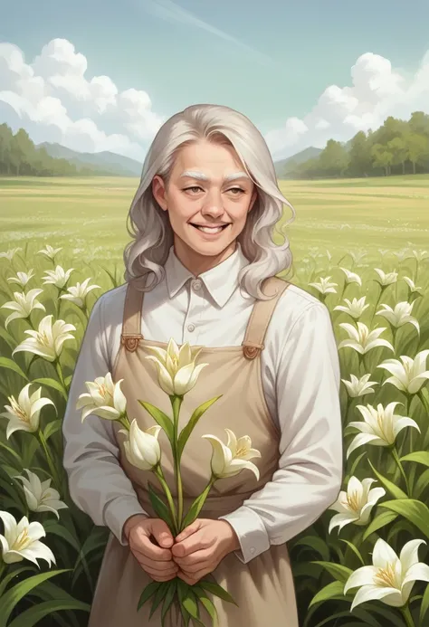 High quality resolution realistic photo of lily flower field, petals are detailed quality, white lily flowers, an old Burmese gardener standing, holding some lily flowers, narrowed eyes,white eyebrows, whiteand grey hair, smiling, brown sunburned skins, we...