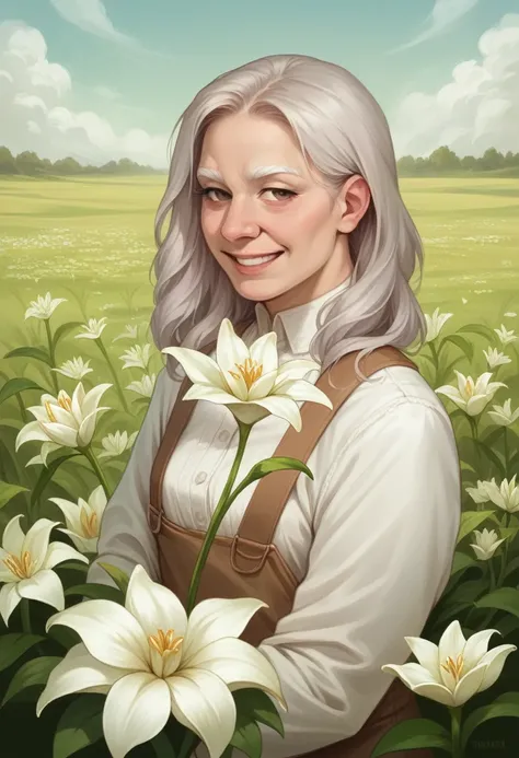 High quality resolution realistic photo of lily flower field, petals are detailed quality, white lily flowers, an old Burmese gardener standing, holding some lily flowers, narrowed eyes,white eyebrows, whiteand grey hair, smiling, brown sunburned skins, we...