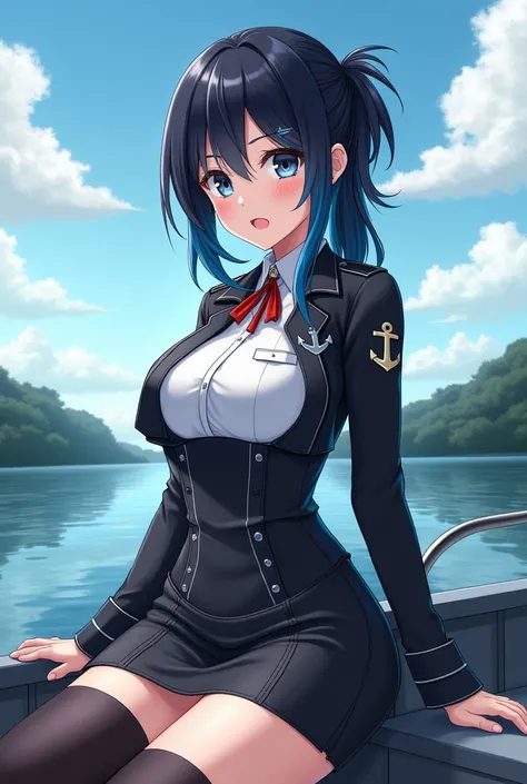 Create an image where you have one black hair and two blue streaks, on a boat, eyes black, she is black river, not amazon, she is a naval engineer. 
without sexualizing. 
drawing style. Make her outfit with anchor designs. Reduces breast size