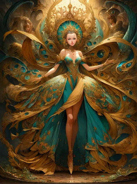 Full body portrait of a young witch (Lillian Bassman) (with long limbs) head fine art filigree, paper marbling! Oil splash!! Oil stained!!", intricate hyperdetailed fluid gouache illustration by Android Jones: By Ismail Inceoglu and Jean Baptiste mongue: J...