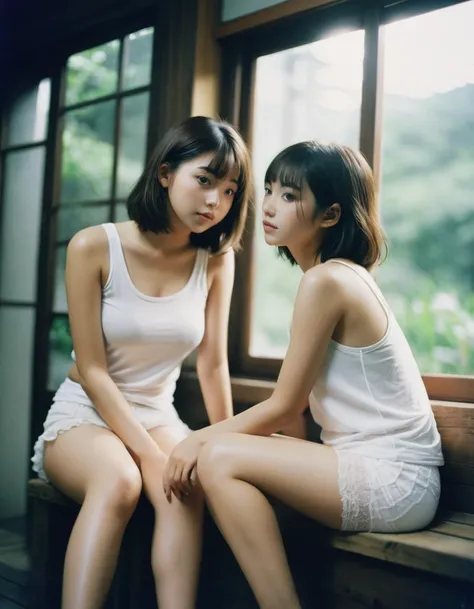 japanese 2 girls、 analog film photo, (Create a realistic and photorealistic photo image)、whole body、White tank top、White panties、Dimly lit place、Sitting、blur, tint, depth,