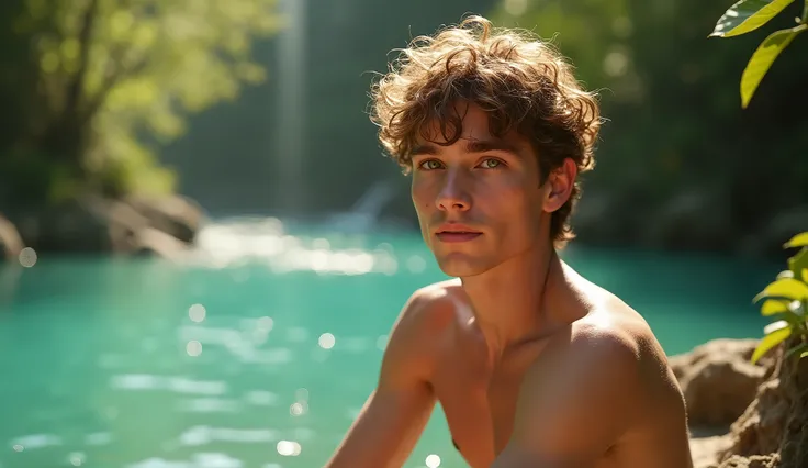 
Descreva uma imagem de Adam sitting at a crystal clear blue river in the enchanting garden of Eden with Adam. Adam is in his 20s, short curl light brown 7" hair, green eyes. emanating a divine aura and looking directly into the camera with a penetrating a...