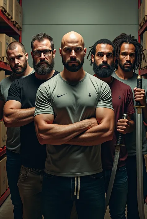 Four white men and one mulatto looking at the camera holding bladed weapons described below for each one ,being 1 bearded bald man with a cleaver, second with glasses beard hair and nike shirt with katana, third a tall bald white man without a beard with a...