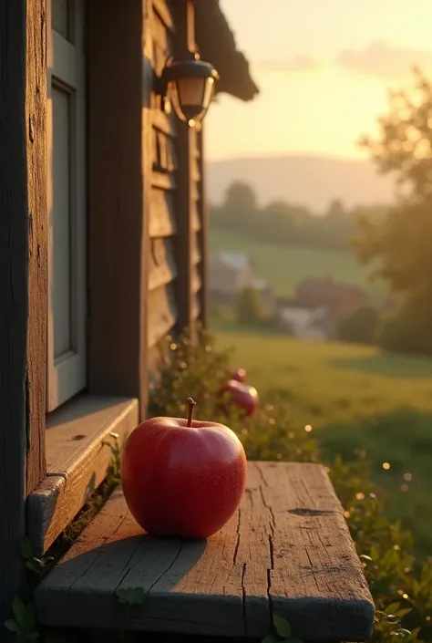 an apple at a farmhouse doorstep in early morning dawn