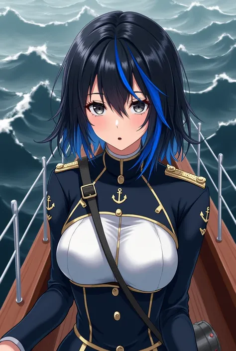 Create an image where you have one black hair and two blue streaks, with a small black dot on his chin, on a boat, eyes black, she is black river, not amazon, she is a naval engineer. 
without sexualizing. 
drawing style. Make her outfit with anchor design...