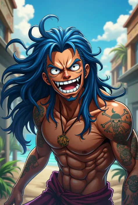 estilo one piece , a man with long blue hair , Tanned skin and sharp teeth
