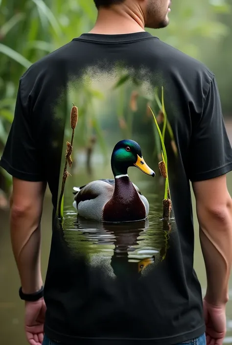 A black shirt with a duck in the back in its habbit

 