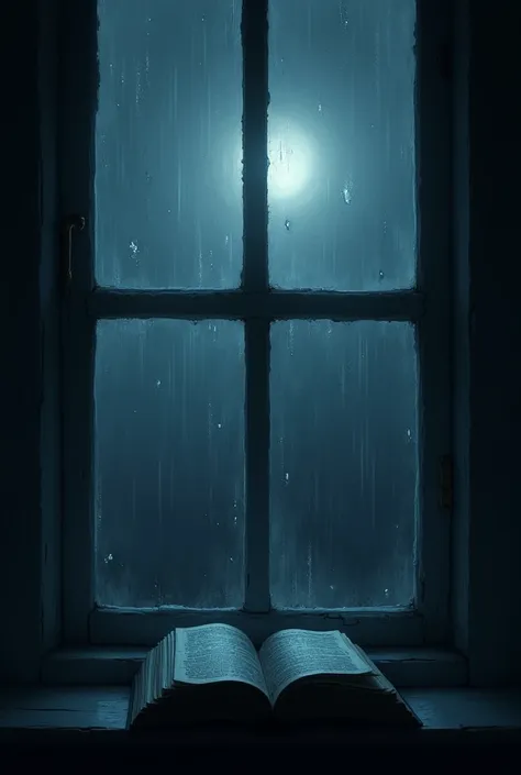  window in a dark room, with the moonlight coming in softly. in the window, there could be raindrops, symbolizing tears and melancholy. 
The interior of the room could be subtly lit, highlighting a symbolic object, like a book or a photograph, that represe...