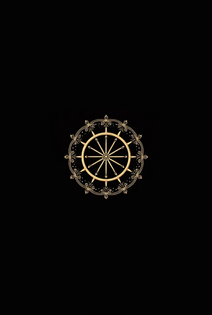 Logo for Nany Enxovais trousseau, bed linen, table linen and bath linen, logo with gold and black wheel and flower ornaments around it, black backdrop 