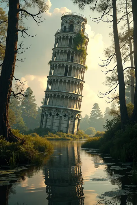 Post apocalyptic photo of ruined leaning tower of pisa surrounded by vegetation, in the space of the afternoon in the swamp full of water and trees
