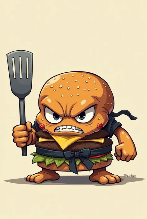 rough burger, anime style, that has a ninja ribbon, with eyes, that is on the side, but rude, no feet, that looks intimidating, no feet, and have a spatula


