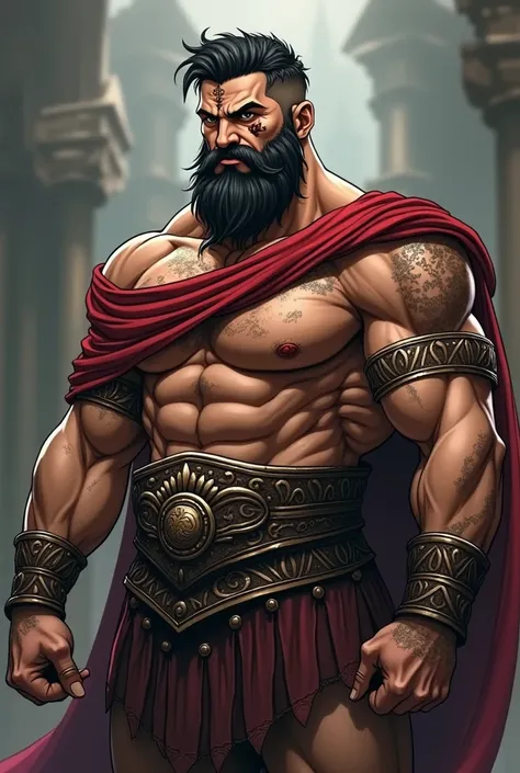 {Greek warrior}{gladiator}{ Closed clothes with only the chest shown} {huge scar on the chest}{アニメ}{scar on the right eye}{closed beard}