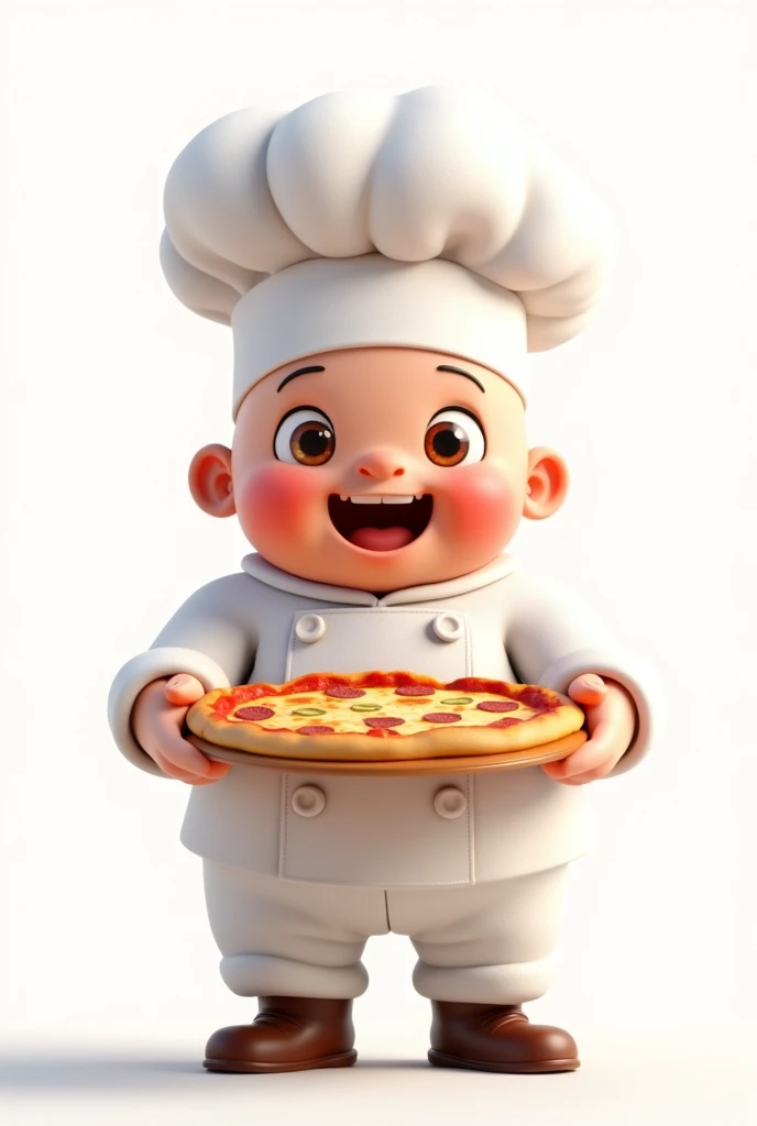 friendly chef, cute and chubby with a pizza in his hand, pixar style, 100% white background, HDR, soft light