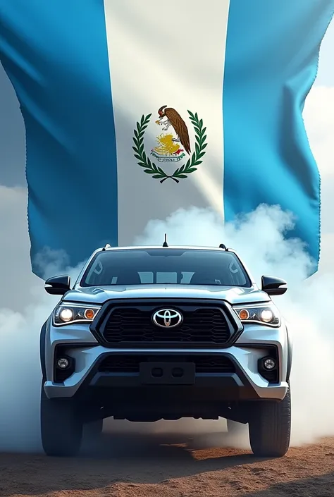 toyota hilux with the flag of guatemala in the background, the flag that has smoke effects