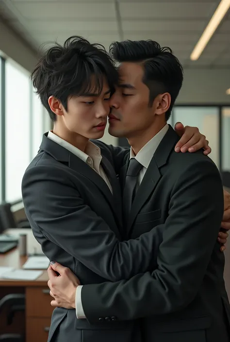 Real photo style、Realistic、Cute handsome man、Idol face、、Japanese、Slim body、Mash Hair、Completely naked、Full nudity、I was hugged from behind by an old man in a suit.、Inside the office、Embarrassed look