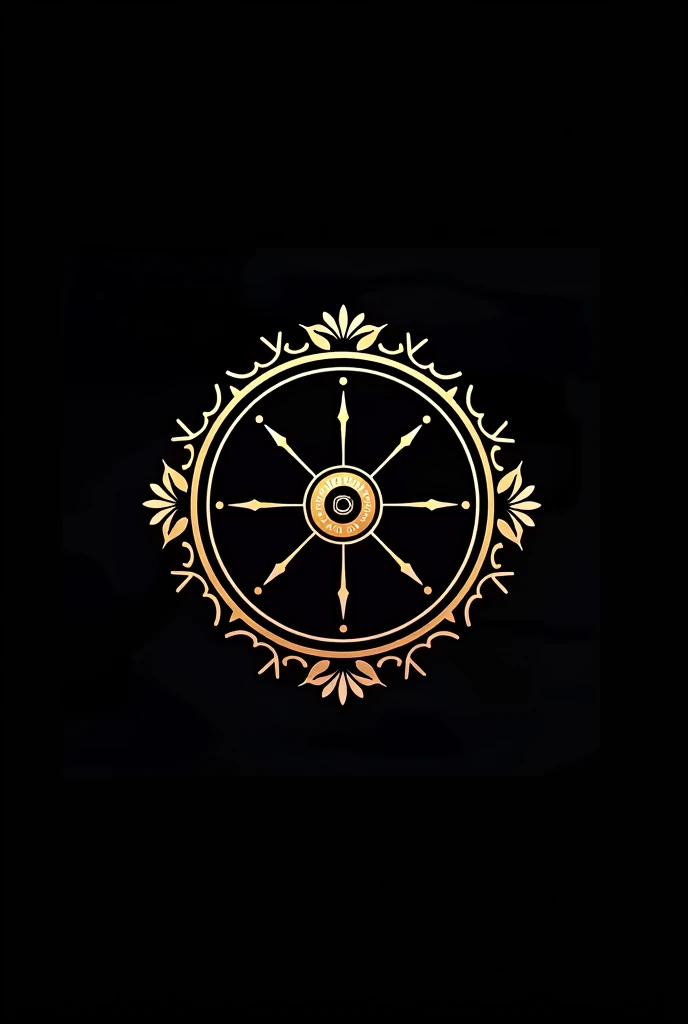 Logo for Nany Enxovais trousseau, bed linen, table linen and bath linen, logo with gold and black wheel and flower ornaments around it, black backdrop 