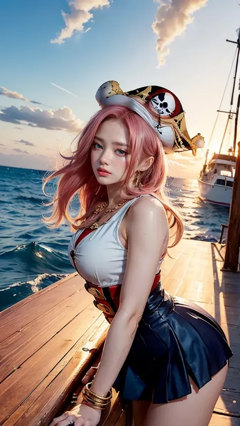 (Jewelry Bonney from One Piece: 1.99), (On the table, Best quality at best, 8K:1.37), offcial art, (s fractal art:1.3), Alone, ((Maids wear, arms cuffs, art deco hat, with pink hair, blueneyes, Round glasses, Double up braid, Dozico, holding a weapon:1.4))...