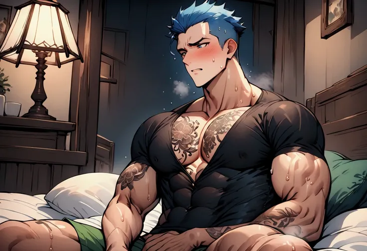 Highest quality、masterpiece、(muscular male:1.2)、(father:0.5)、Shaved head、Blue Hair、(sweat:1.3)、steam、tattoo on chest、tattoo on leg、On the upper half of his body he was wearing a tight fitting black shirt with an open neckline.、The lower half is green short...