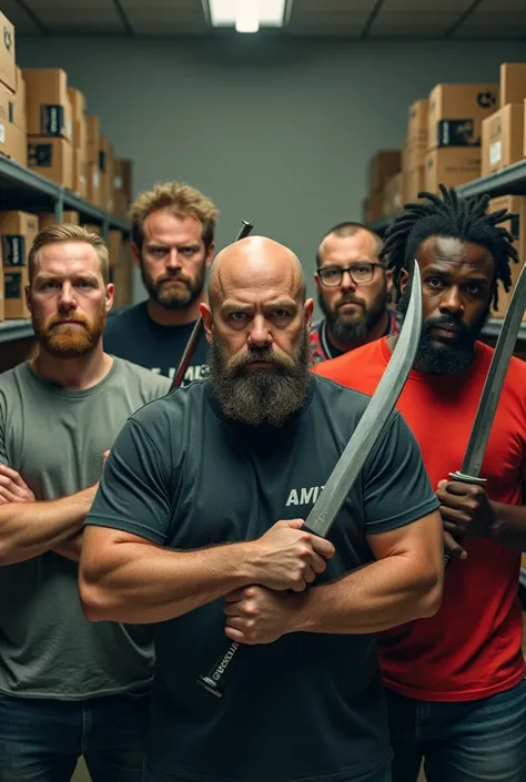 Four white men and one mulatto looking at the camera holding bladed weapons described below for each one ,being 1 bearded bald man with a cleaver, second with glasses beard hair and nike shirt with katana, third a tall bald white man without a beard with a...